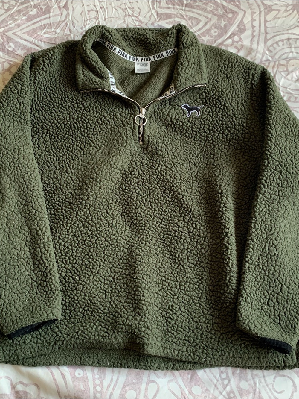PINK Victoria's Secret Olive Green Sherpa Half-Zip Pullover